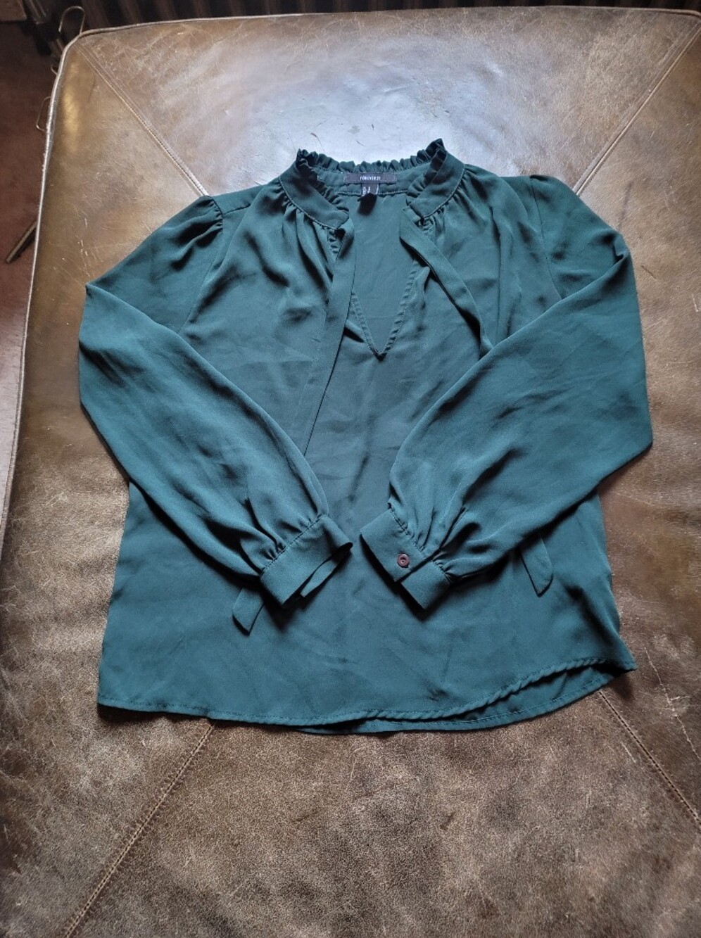 Dark Forest Green Long-Sleeve Ruffled Neck Blouse